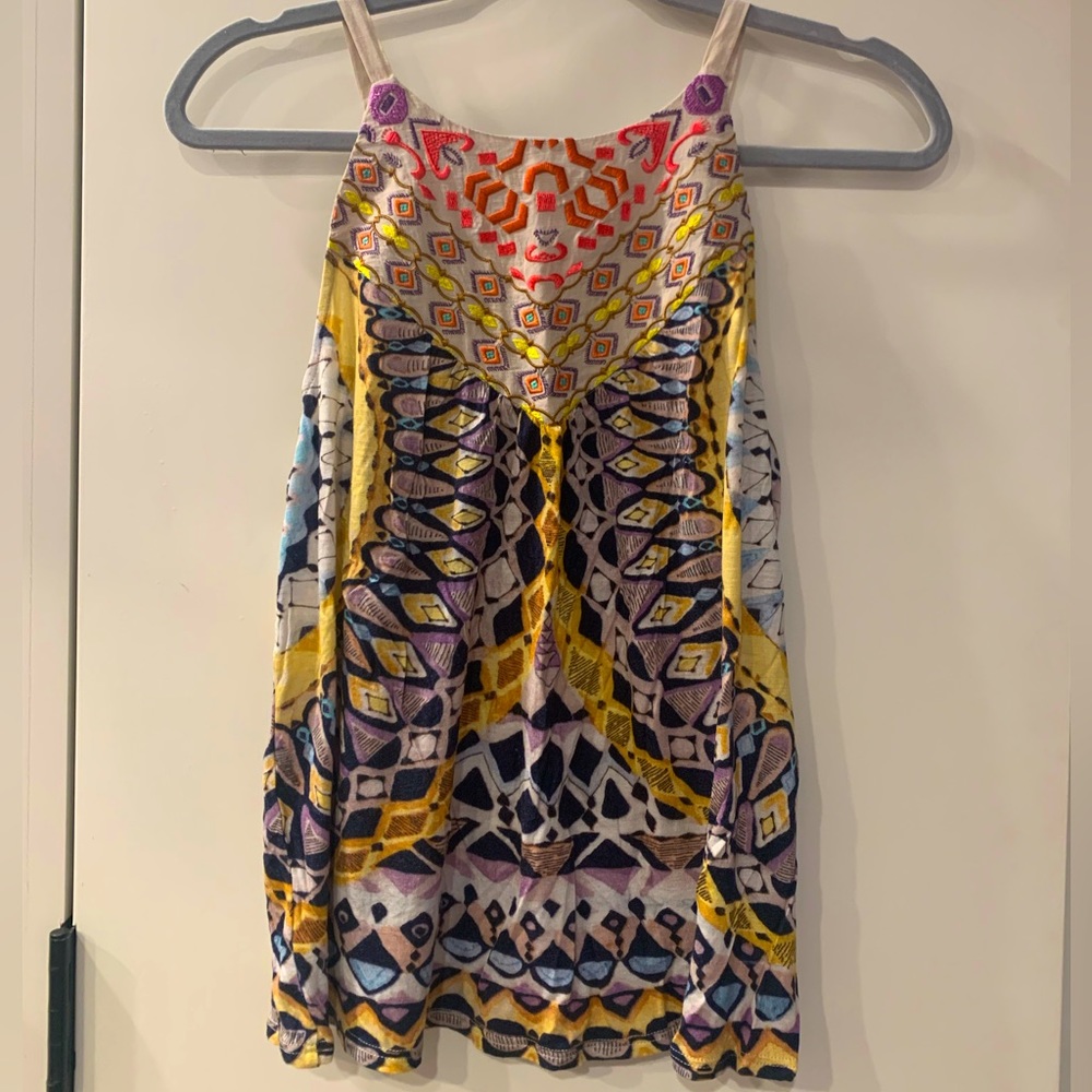 Anthropologie Strathmere Embroidered Boho Print Tank S